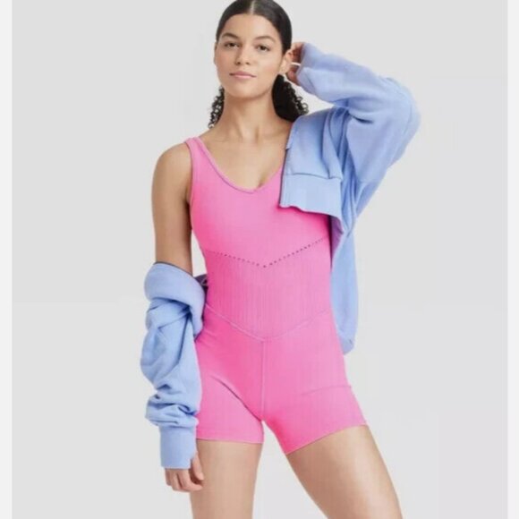 JoyLab Tops - Women's Seamless Short Active Bodysuit Fitness Workout Yoga Rompers Pink M